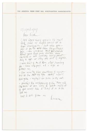 BASKIN, LEONARD. Three Autograph Letters Signed, "Lennie" or "Leonard," to "Dear Dick [Sisson]" or "Dear Grace [Borgenicht]" of Grace B